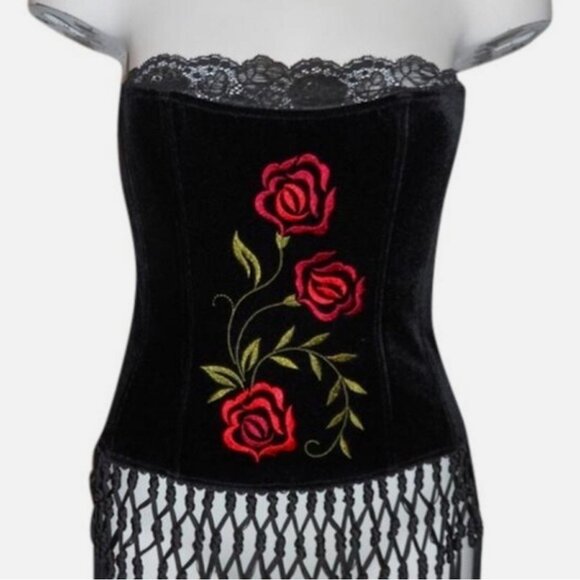 NWOT Victorias Secret Black Velvet Rose Fringe Corset - Picture 2 of 4